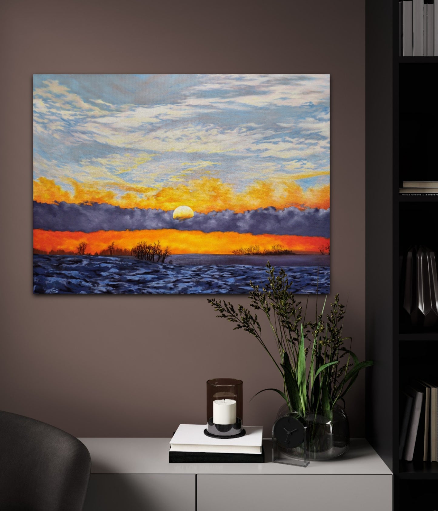 Unveiling Dawn, an original oil painting of a winter sunrise over the prairies on a mauve painted wall