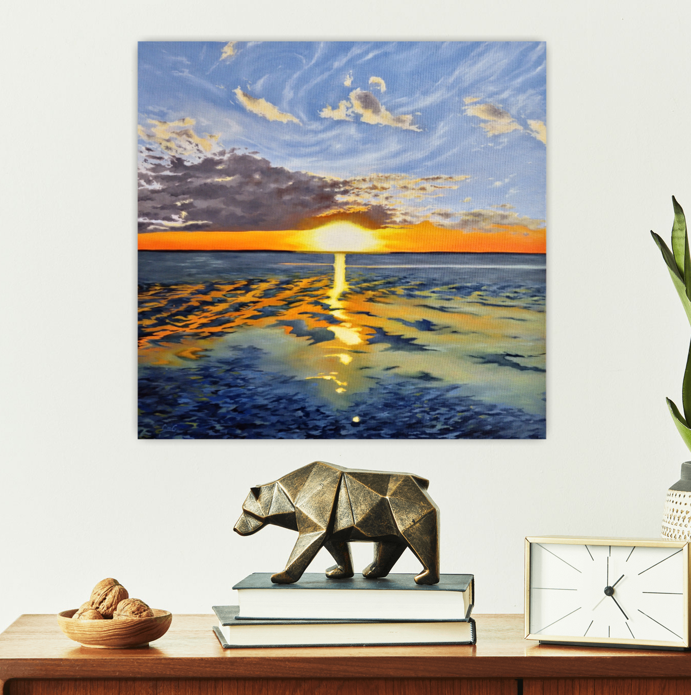 A Long Kiss Goodnight - Original 16"x16" oil on canvas landscape of a sunset at Kinbrook Provincial Park on a wall behind a desk