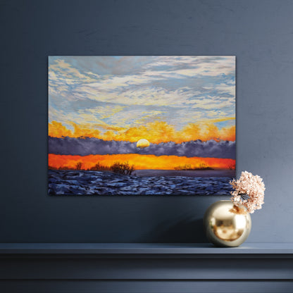 Unveiling Dawn, an original oil painting of a winter sunrise over the prairies on a blue painted wall