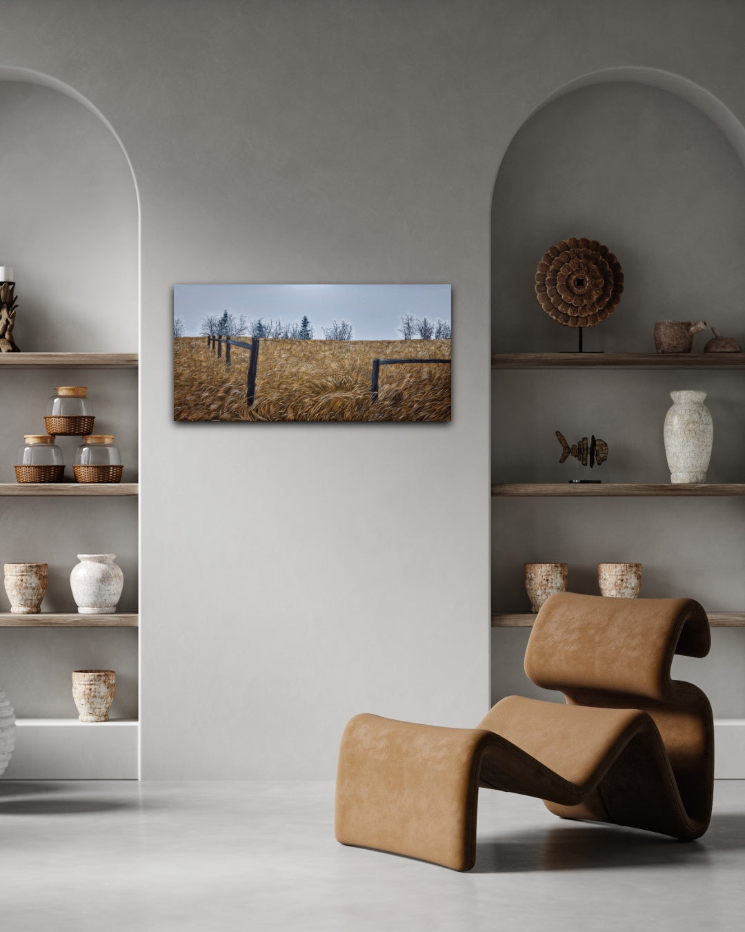 Modern interior with a brown chair, shelves with decorative items, and First Frost oil landscape painting on a gray wall.