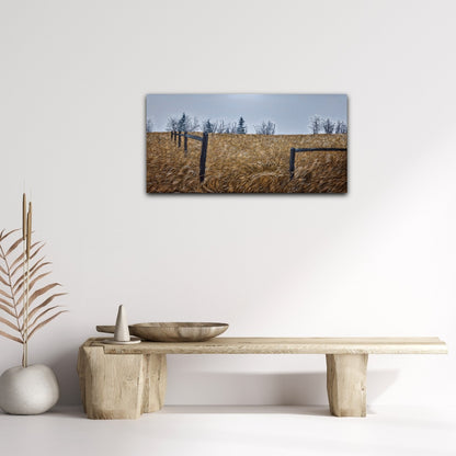 First Frost - 18"x36" oil landscape painting of a fall golden field touched with frost, an old fence and frost covered trees on a white wall over a bench