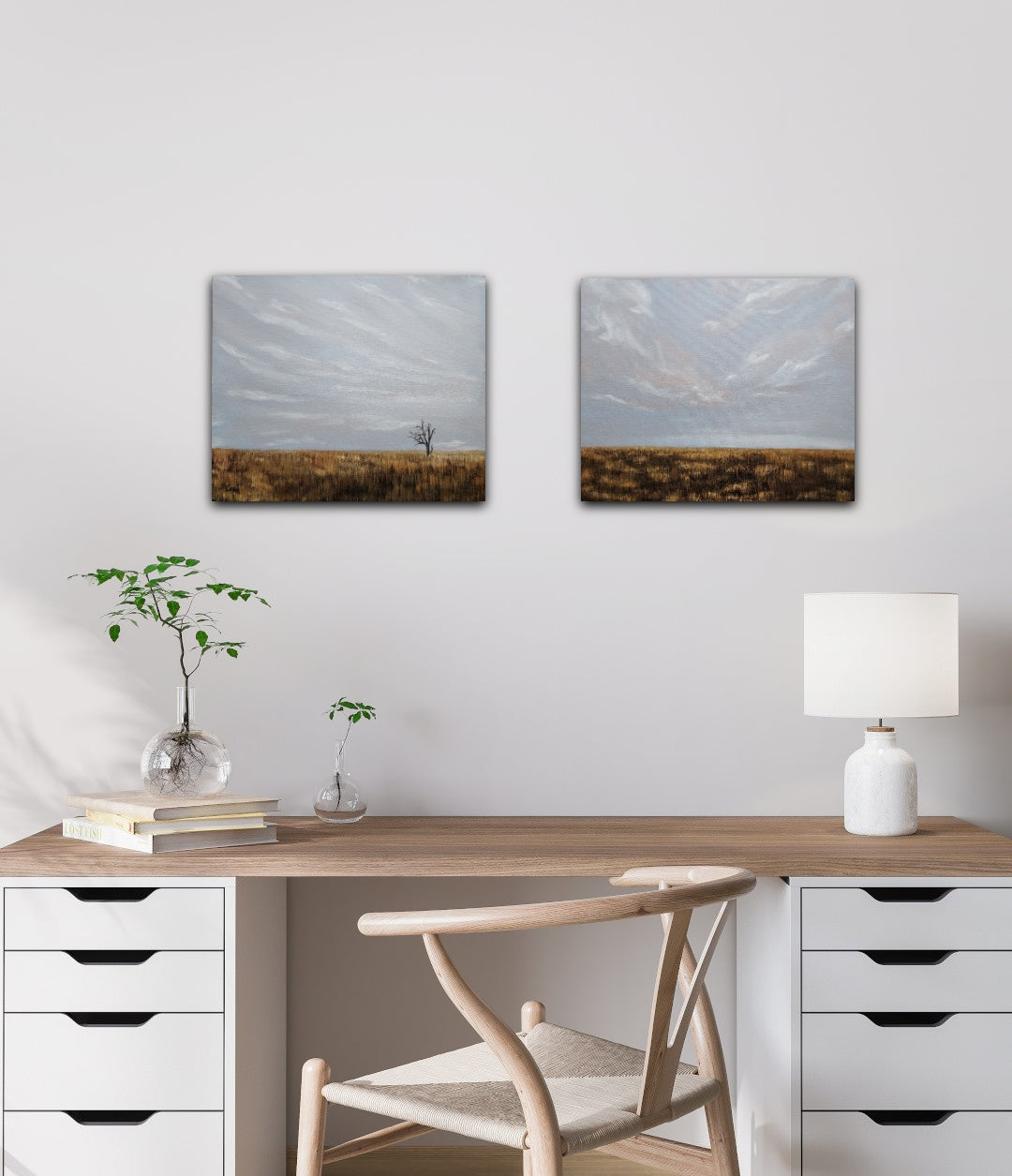 Breathe-oil landscape painting of a soft sky and flat prairie in fall all gold and brown with Introvert