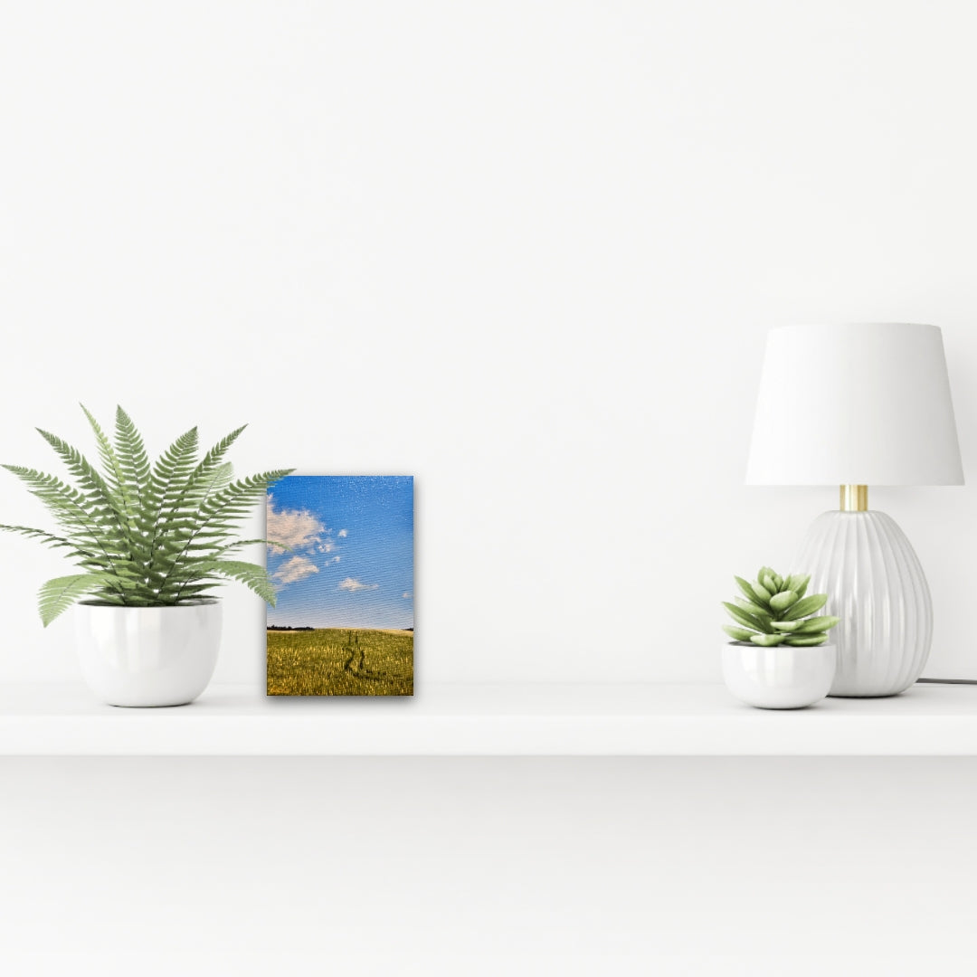Decorative items including a potted plant, small oil painting, and lamp on a white surface.