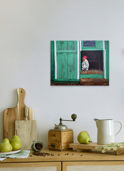 oil  painting of a rooster on a green door hanging above a kitchen counter with pears and a coffee grinder.