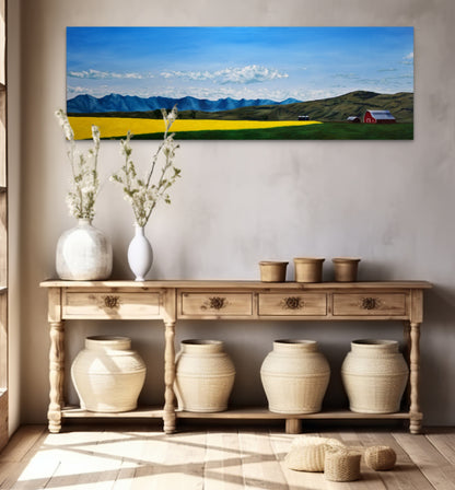 Decorative setup with vases, jars, and a scenic painting on a wall.