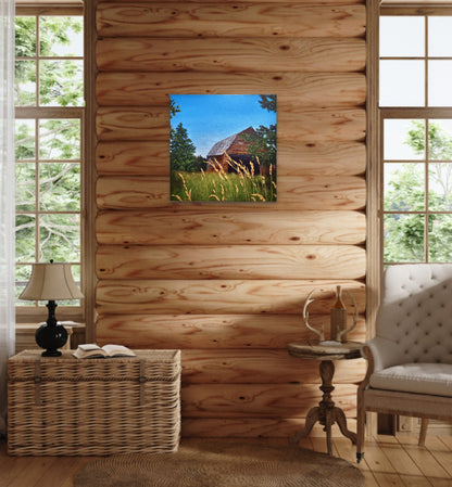 Wooden interior of a cabin with a painting on the wall