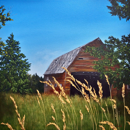 painting of a Wooden barn surrounded by tall grass and trees under a clear blue sky