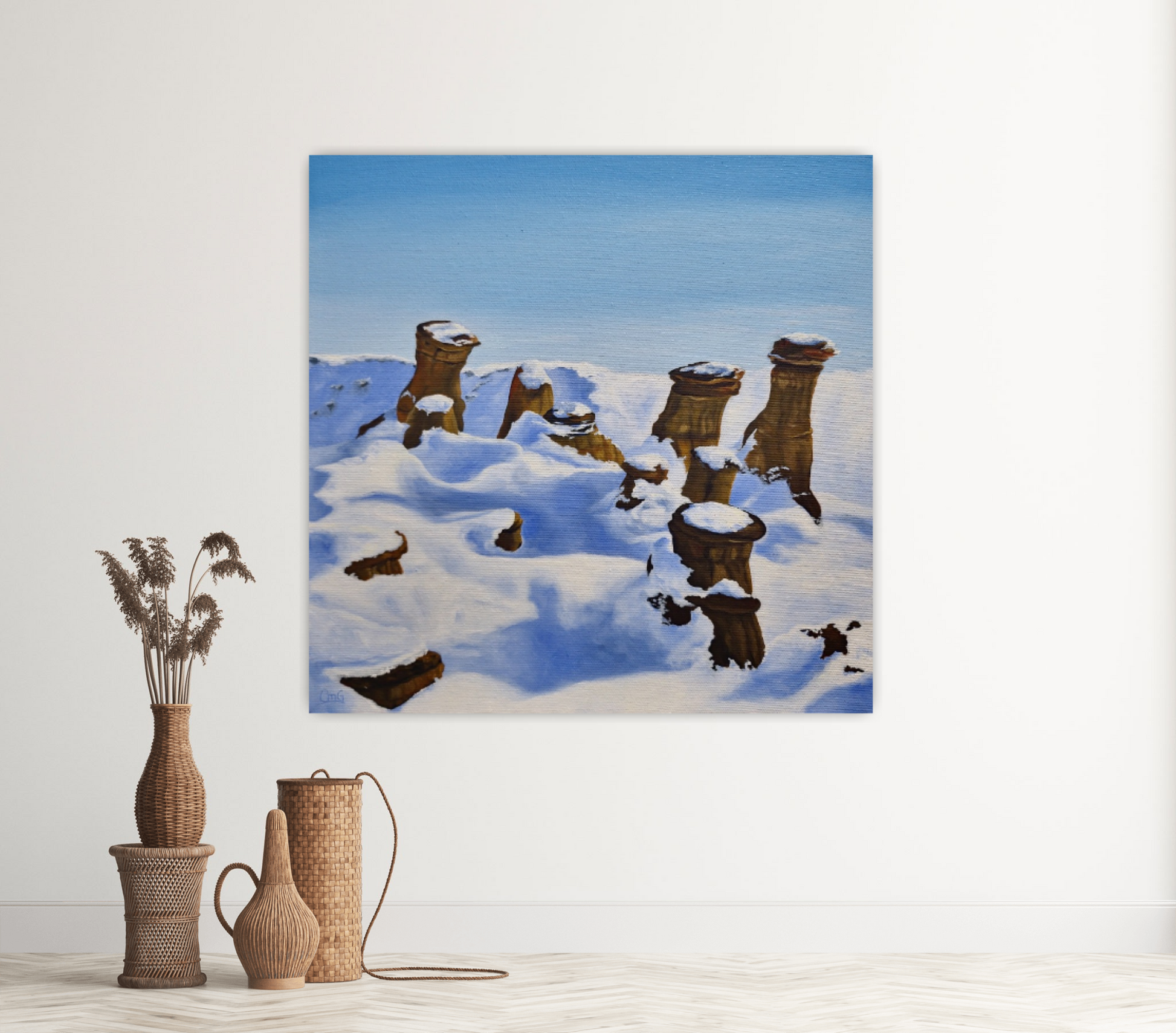 Christina Gouldsborough landscape painting of Hoodoos Blanketed In Snow - 12x12 oil on canvas on display wall