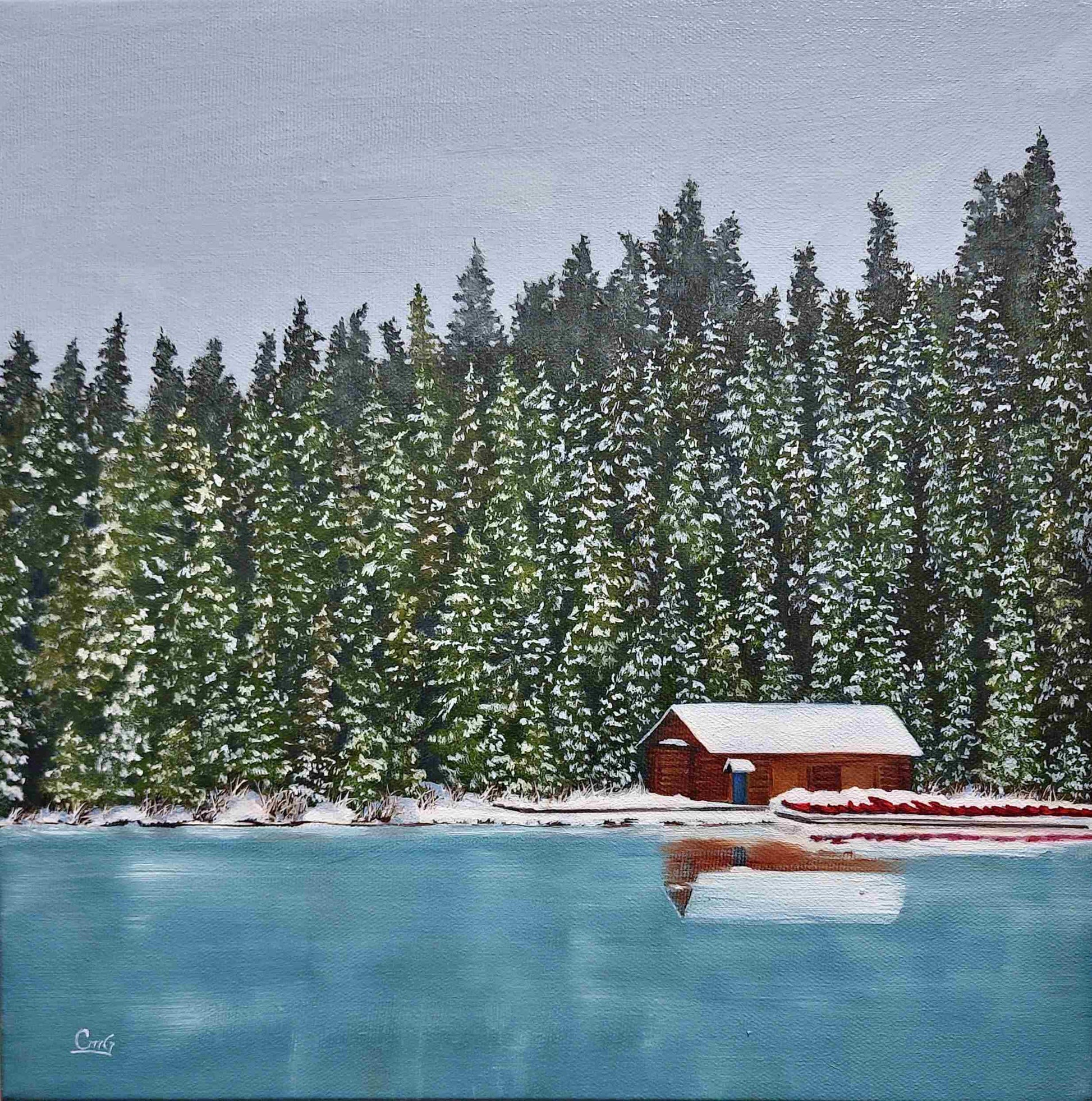 Christina Gouldsborough - Lake Louise Boathouse - oil painting 12"x12" 