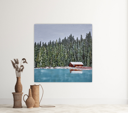 Christina Gouldsborough - Lake Louise Boathouse original painting on display wall