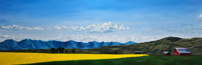 Scenic landscape painting with a red barn, yellow field, and mountains under a blue sky.