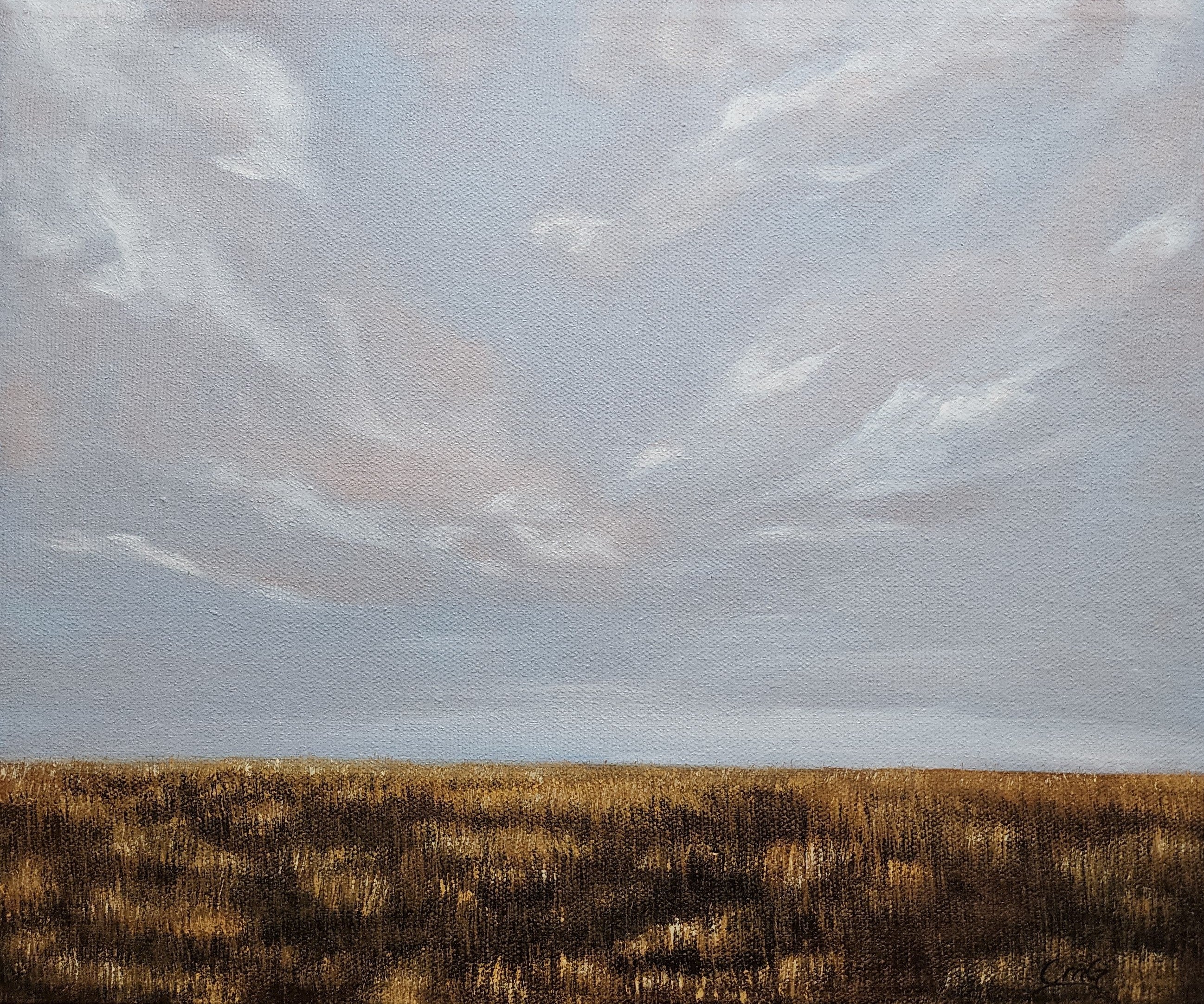 Breathe-10"x12" oil landscape painting of a soft sky and flat prairie in fall all gold and brown