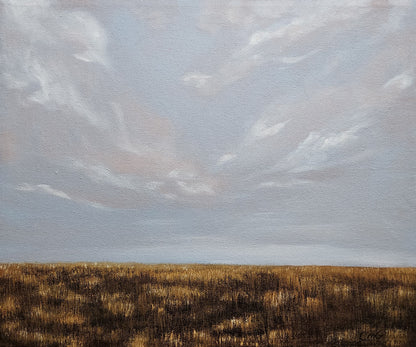 Breathe-10"x12" oil landscape painting of a soft sky and flat prairie in fall all gold and brown