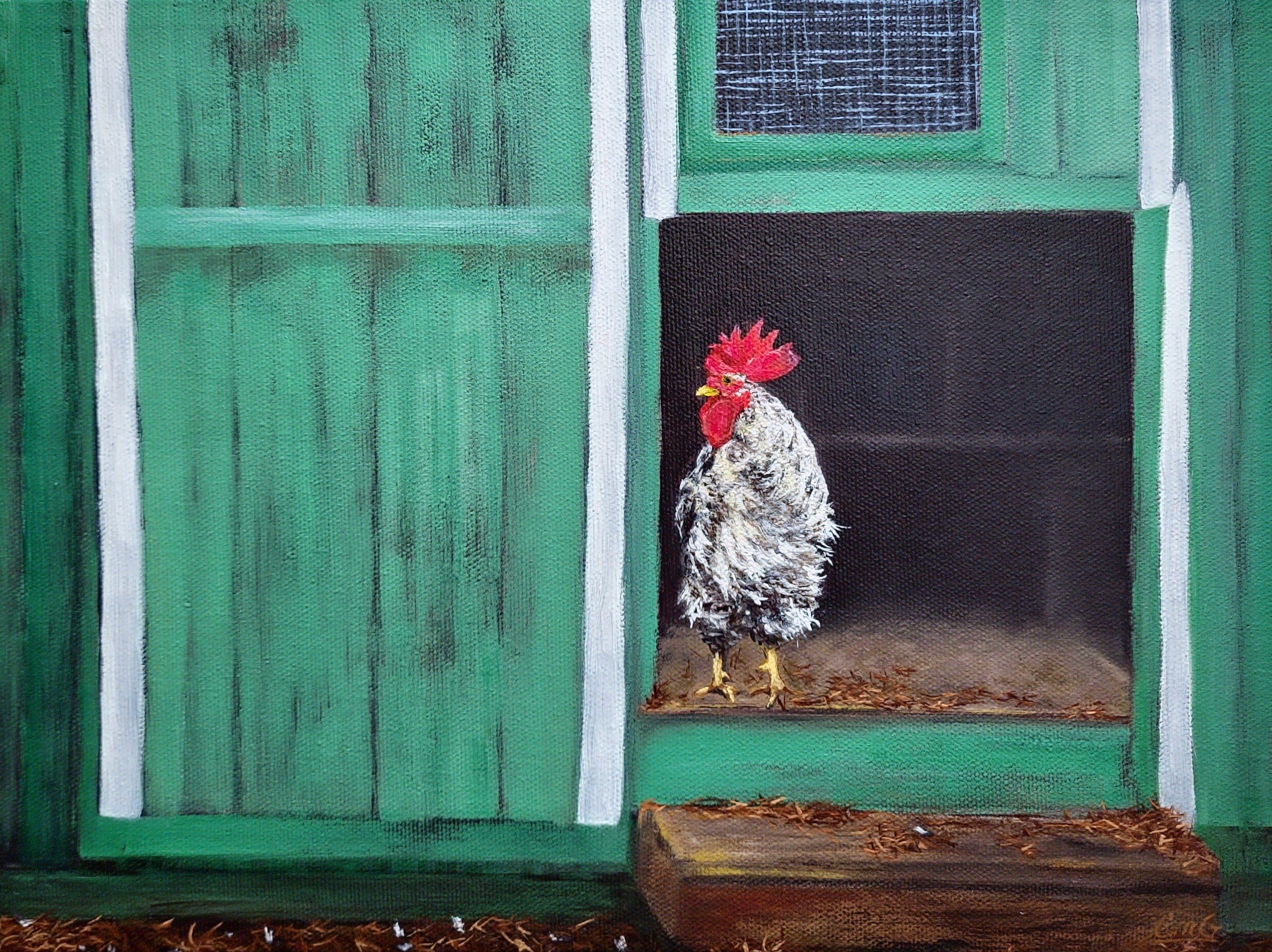 oil painting of a rooster standing in the door of a green chicken coop