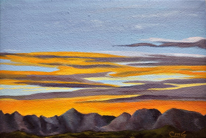 Abstract landscape painting with orange, purple, and blue hues