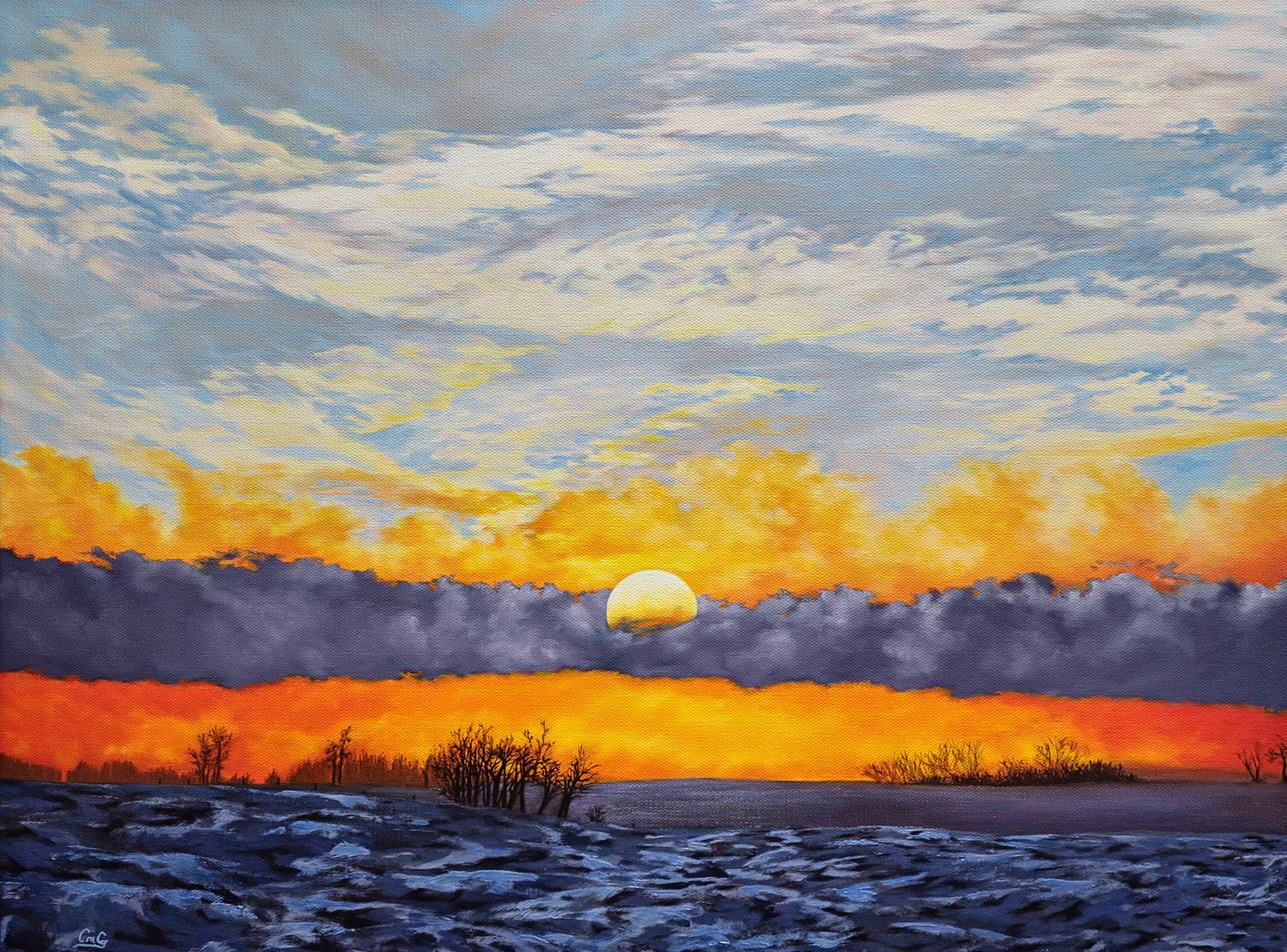 Unveiling Dawn, an original oil painting of a winter sunrise over the prairies