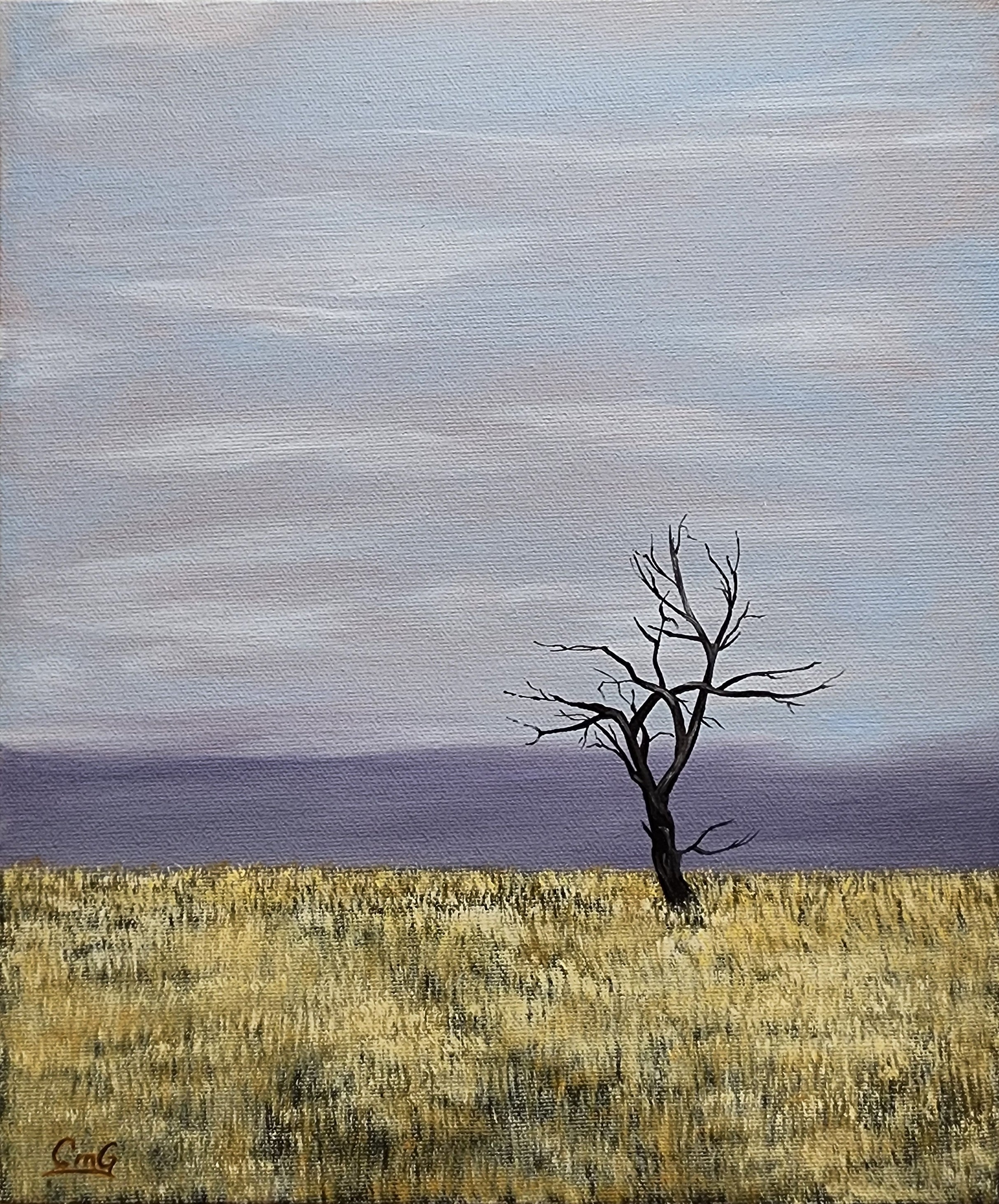 Change - 12"x10" oil landscape painting of a solitary winter tree in a hay field with the cold moving in on the horizon