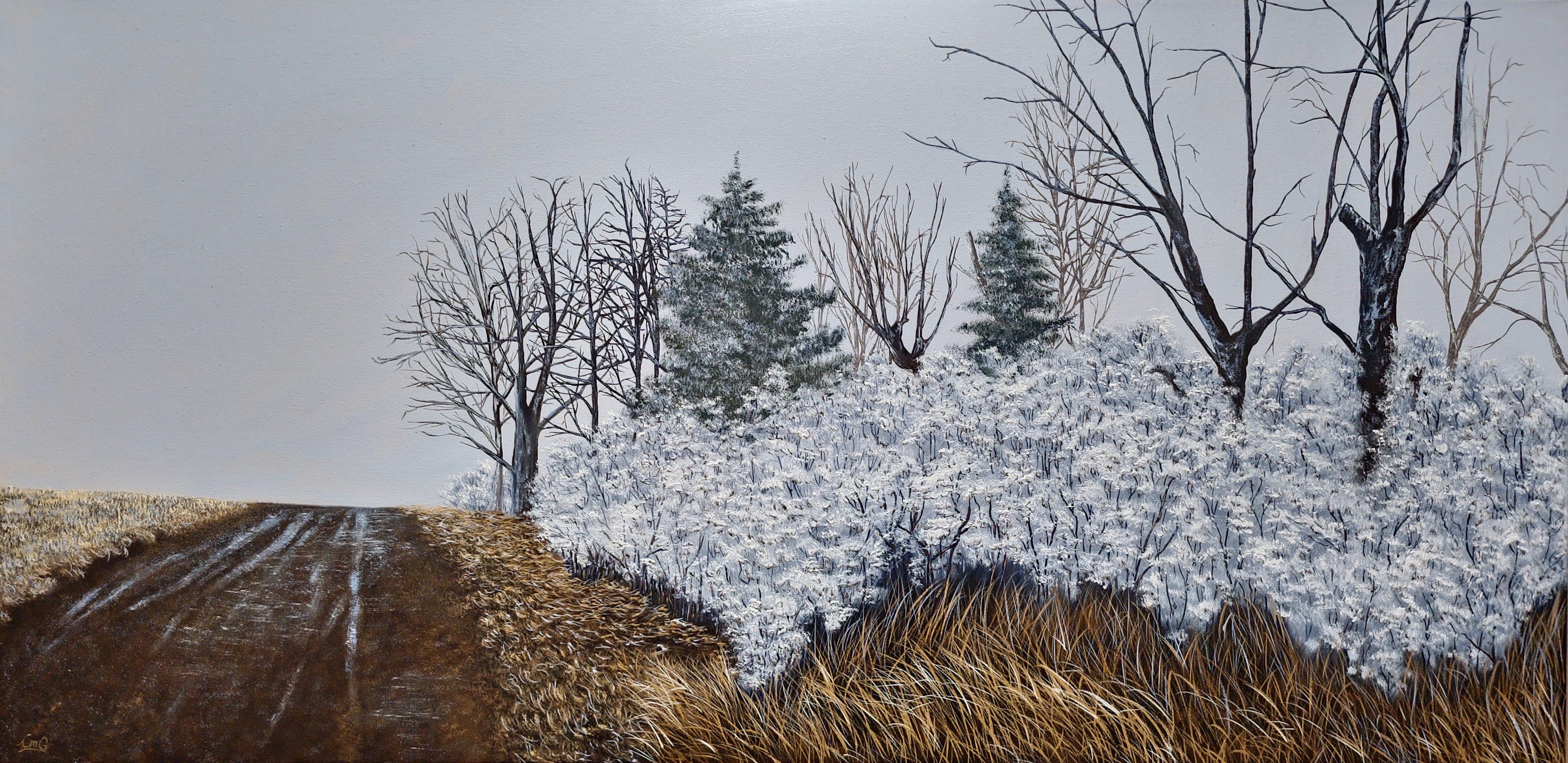 Take the Dirt Road -18"x36" Oil Winter landscape painting with snow-covered trees and a road