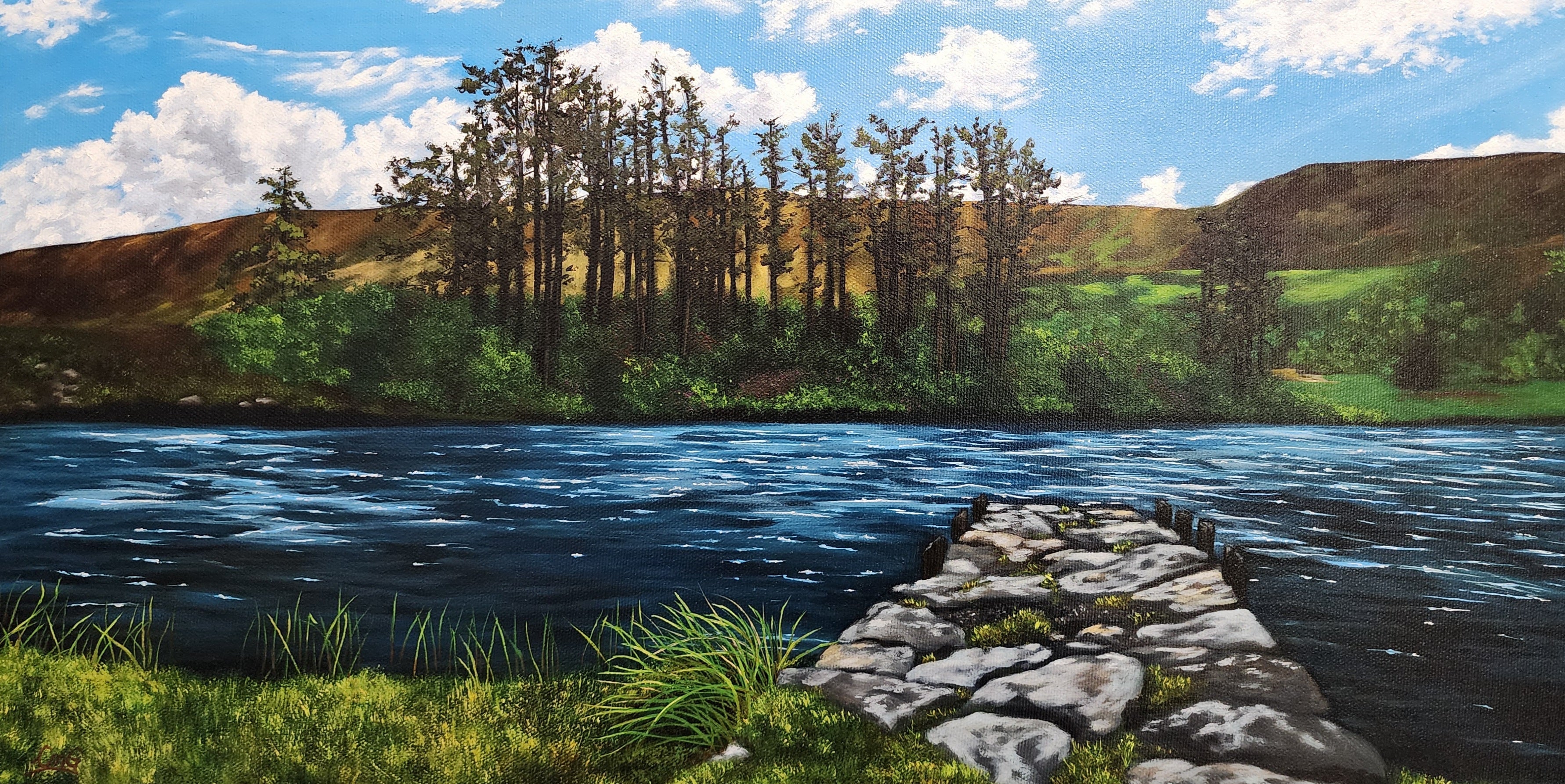 Oil_painting_of_a_stone_dock_leading_to_a_lake_framed_with_large_trees_rolling_hills_grass_and_reeds