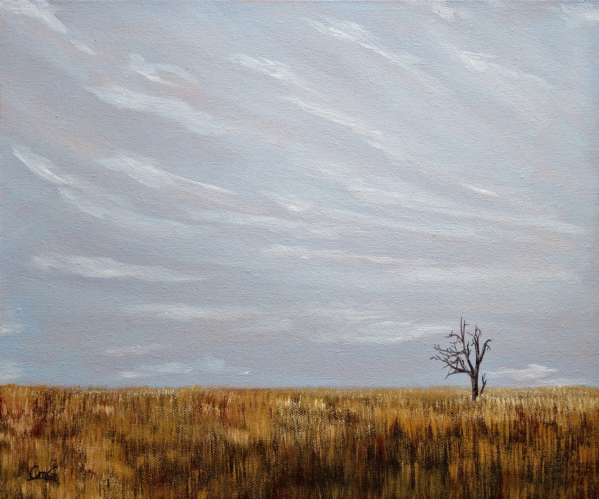 Introvert 10"x12" oil landscape painting of a single solo tree in a golden fall field under a grey/blue sky