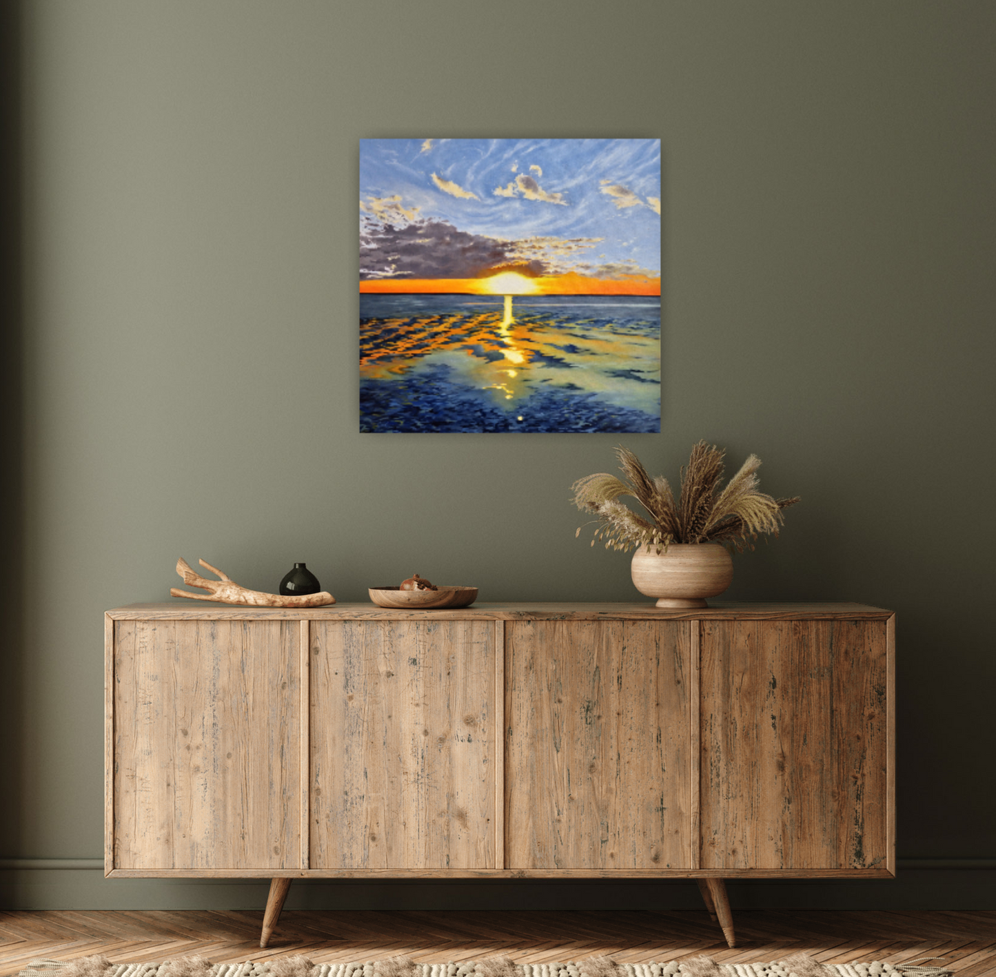 A Long Kiss Goodnight - Original 16"x16" oil on canvas landscape of a sunset at Kinbrook Provincial Park on a green wall behind a wood console