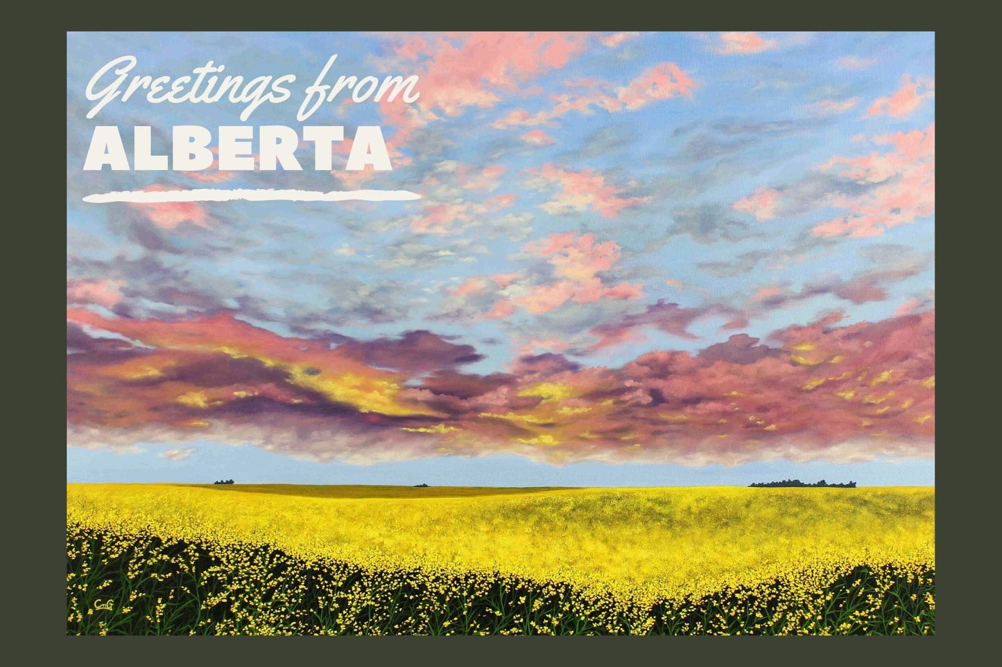 Greeting from Alberta Original Art postcard of Canola and sunset