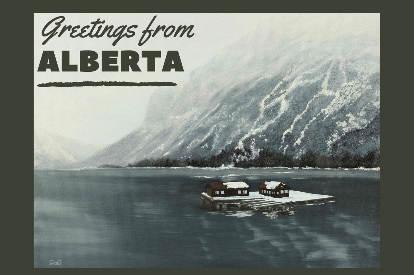Greetings from Alberta Original Art postcard of lake Minnewanka
