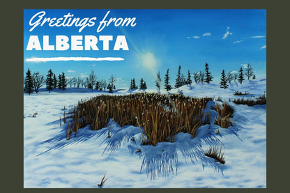 Greetings from Alberta postcard of Original painting of cattails in winter